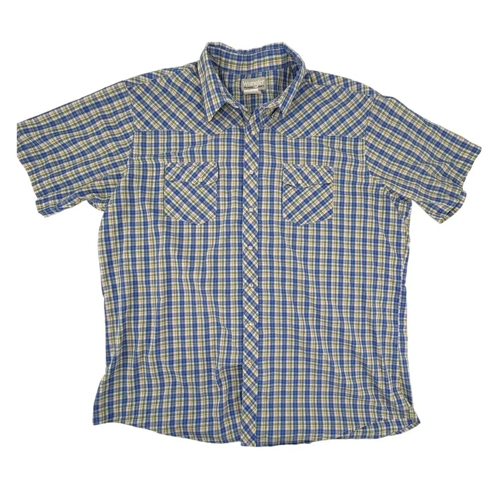 Wrangler Wrancher Mens 2XL Tall Western Shirt‎ Blue Green Plaid Pearl Snap